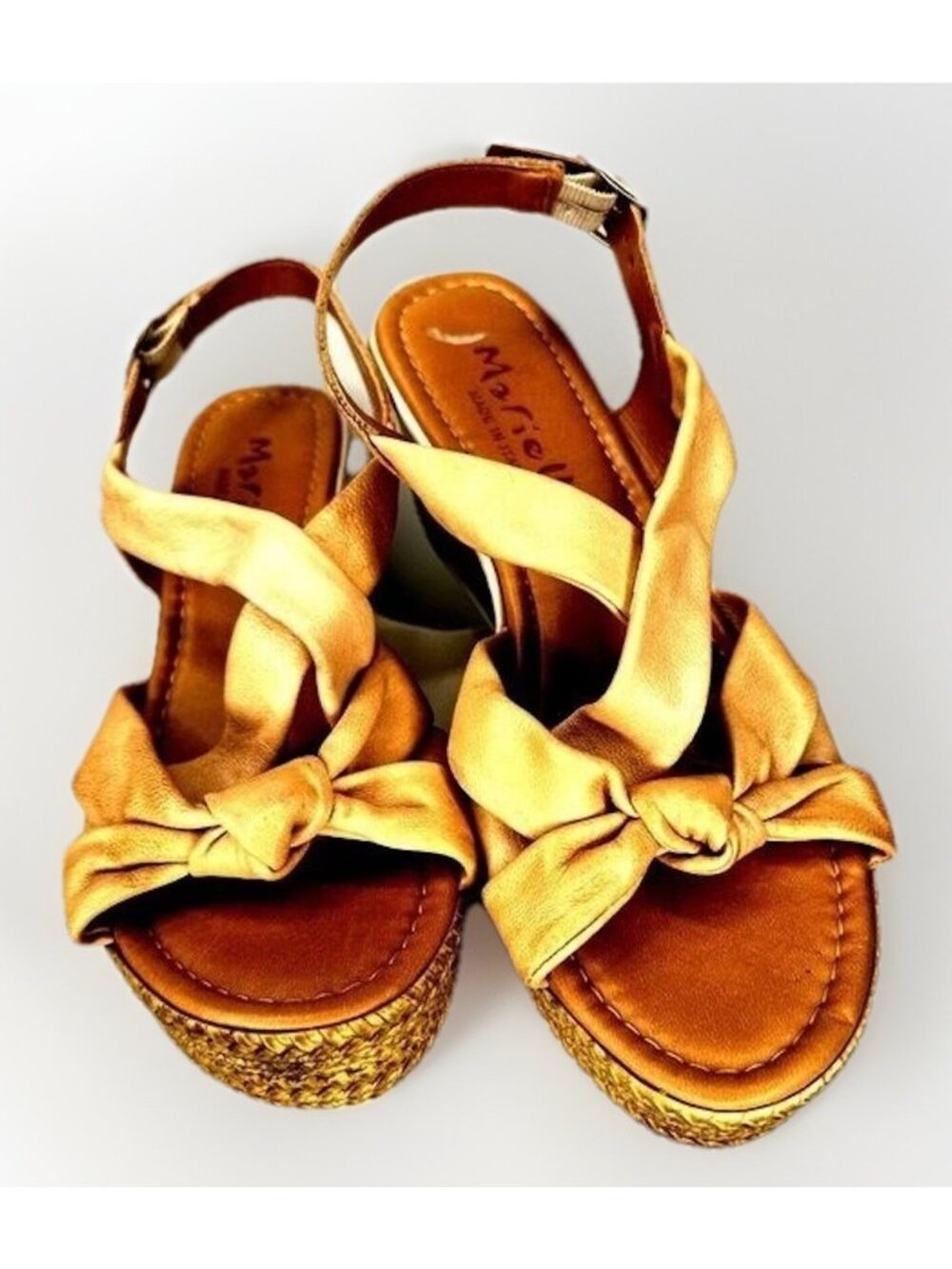 Mariella Leather Wedge Sandals Womens 8 36 Tan Italy Espadrille Bow Strappy